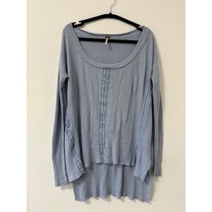 Free People Womens Blue Linen Blend Lace Trim High Low Scoop Neck Sweater Size M